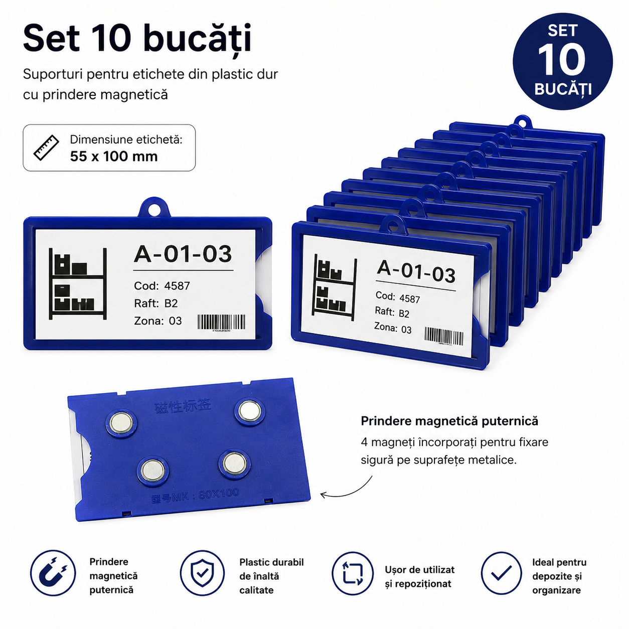 Set 10 suporturi din plastic cu prindere magnetica pentru etichete 55x100 mm pentru depozit si rafturi