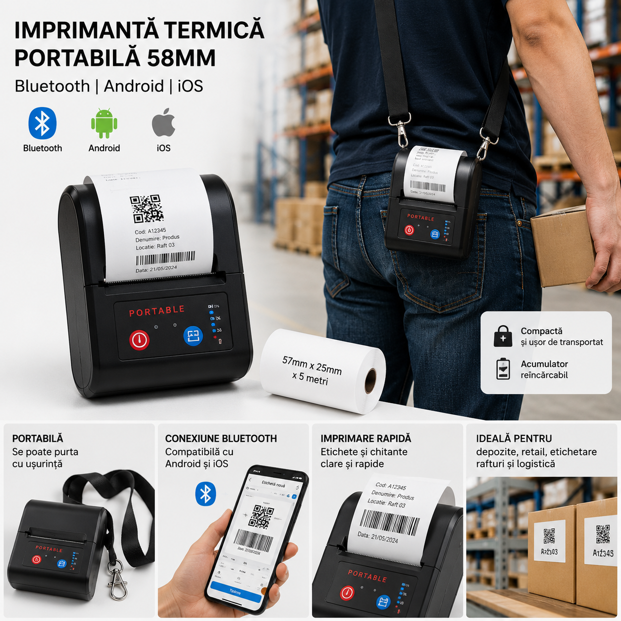 Imprimanta termica portabila 58mm, Bluetooth, wireless, pentru etichete si chitante, Android si iOS