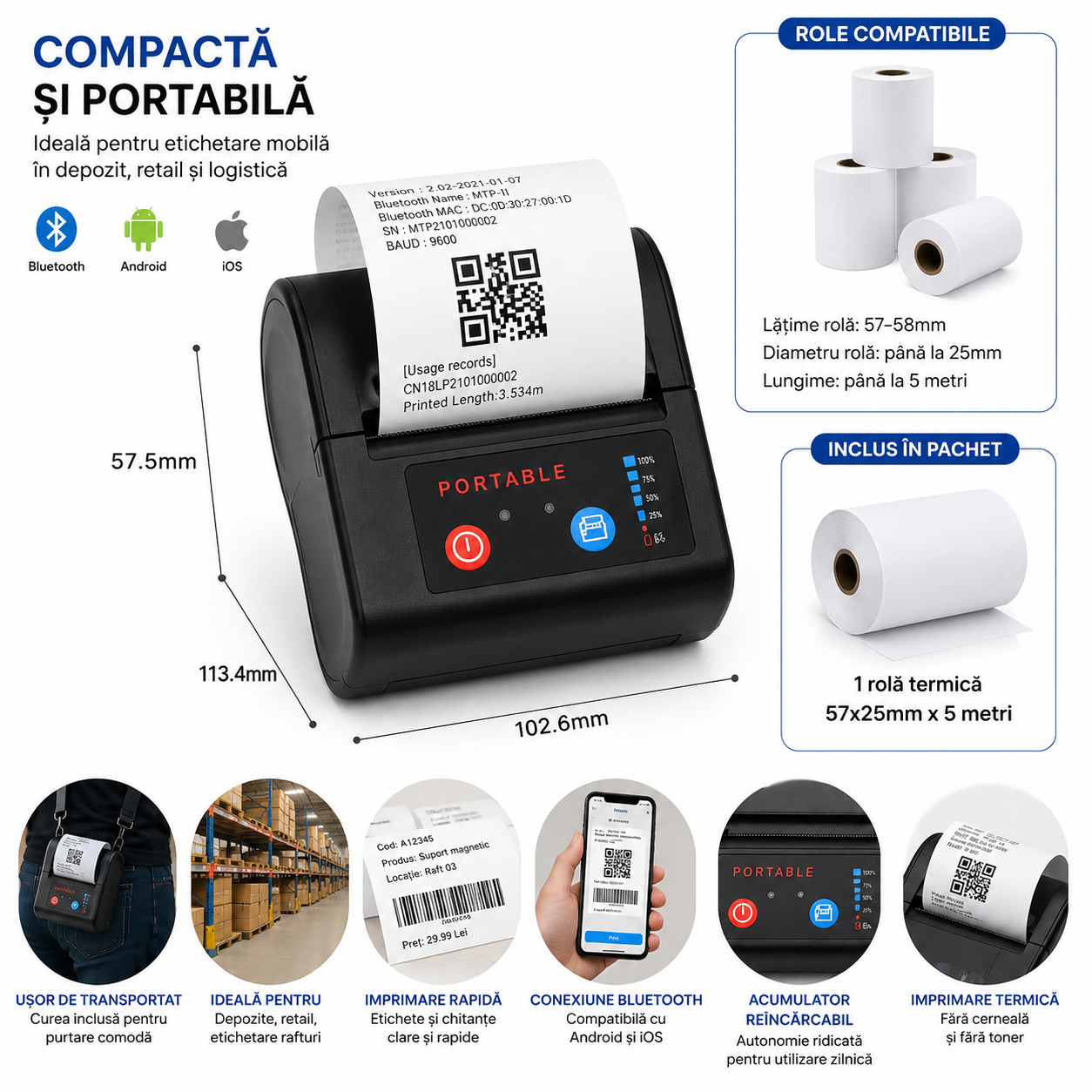 Imprimanta termica portabila 58mm, Bluetooth, wireless, pentru etichete si chitante, Android si iOS