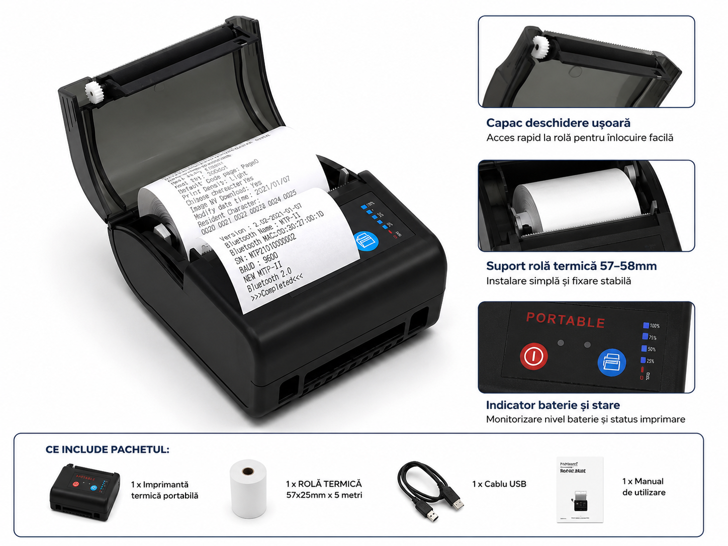 Imprimanta termica portabila 58mm, Bluetooth, wireless, pentru etichete si chitante, Android si iOS