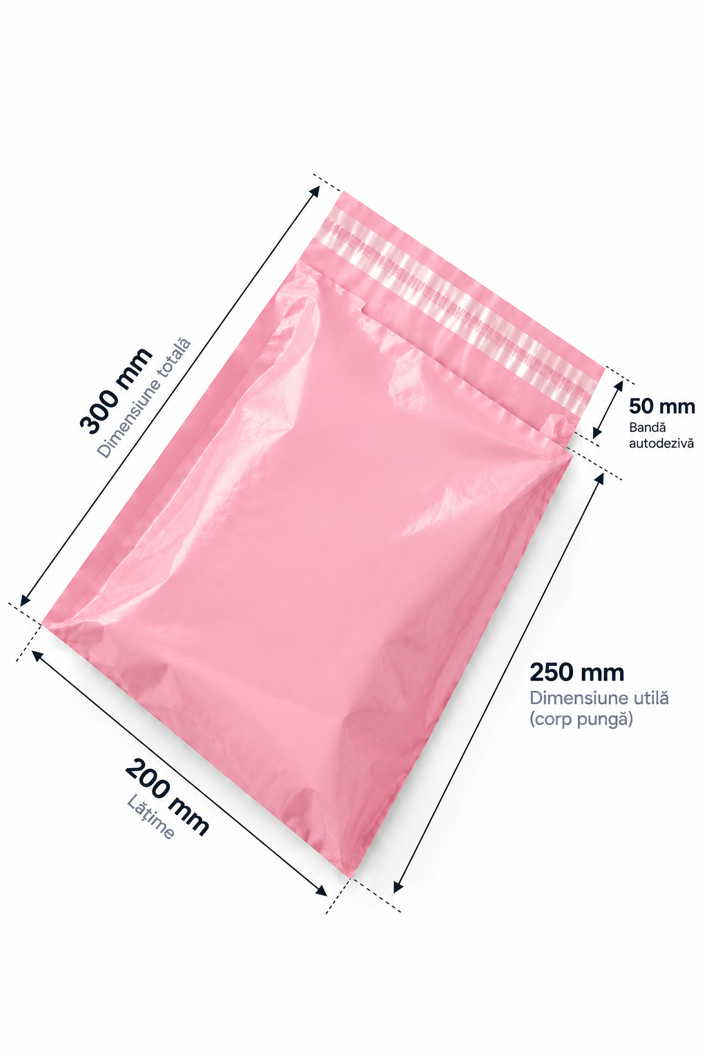 Set 100 buc pungi curierat 200x300 mm, 45 µm, Roz, PE (polietilena)