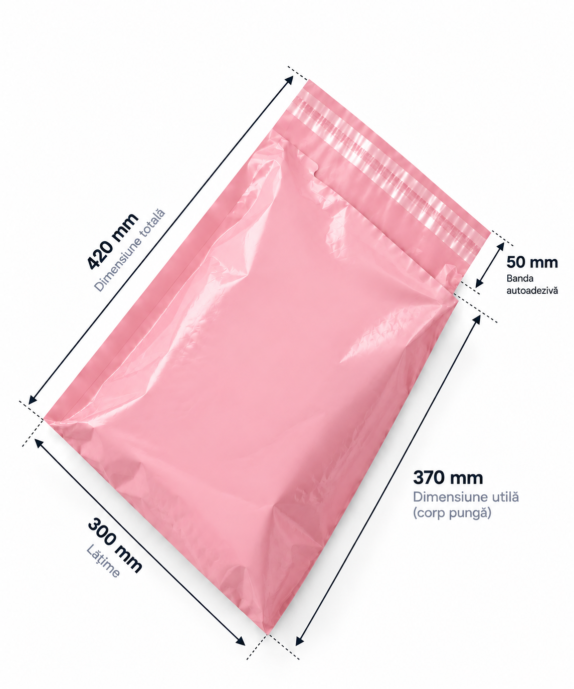 Set 100 buc pungi curierat 300x420 mm, 45 µm, Roz, PE (polietilena)