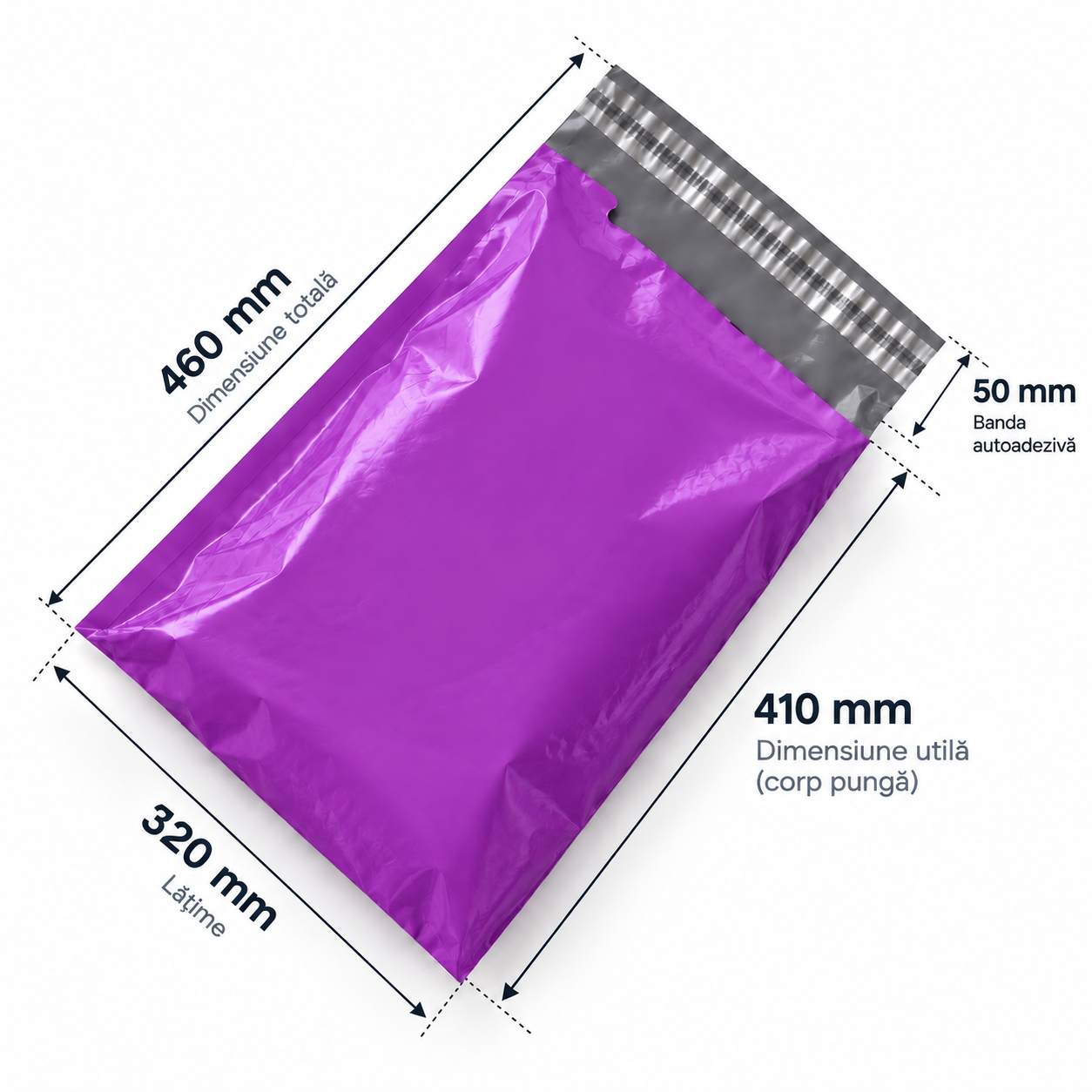 Set 100 buc pungi curierat 320x460 mm, 40 µm, Mov, PE (polietilena)