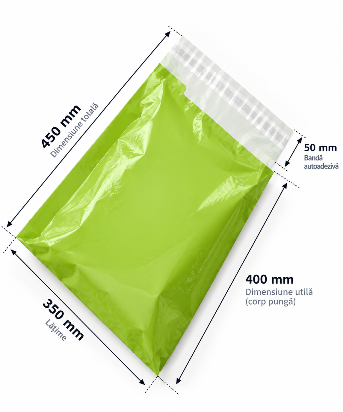 Set 100 buc pungi curierat 350x450 mm, 60 µm, verde, PE (polietilena), NEW