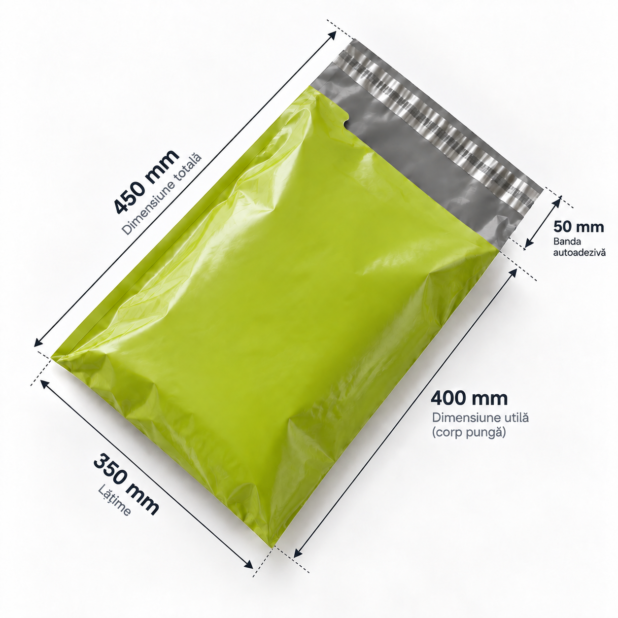 Set 100 buc pungi curierat 350x450 mm, 60 µm, Verde/Olive, PE (polietilena), NEW