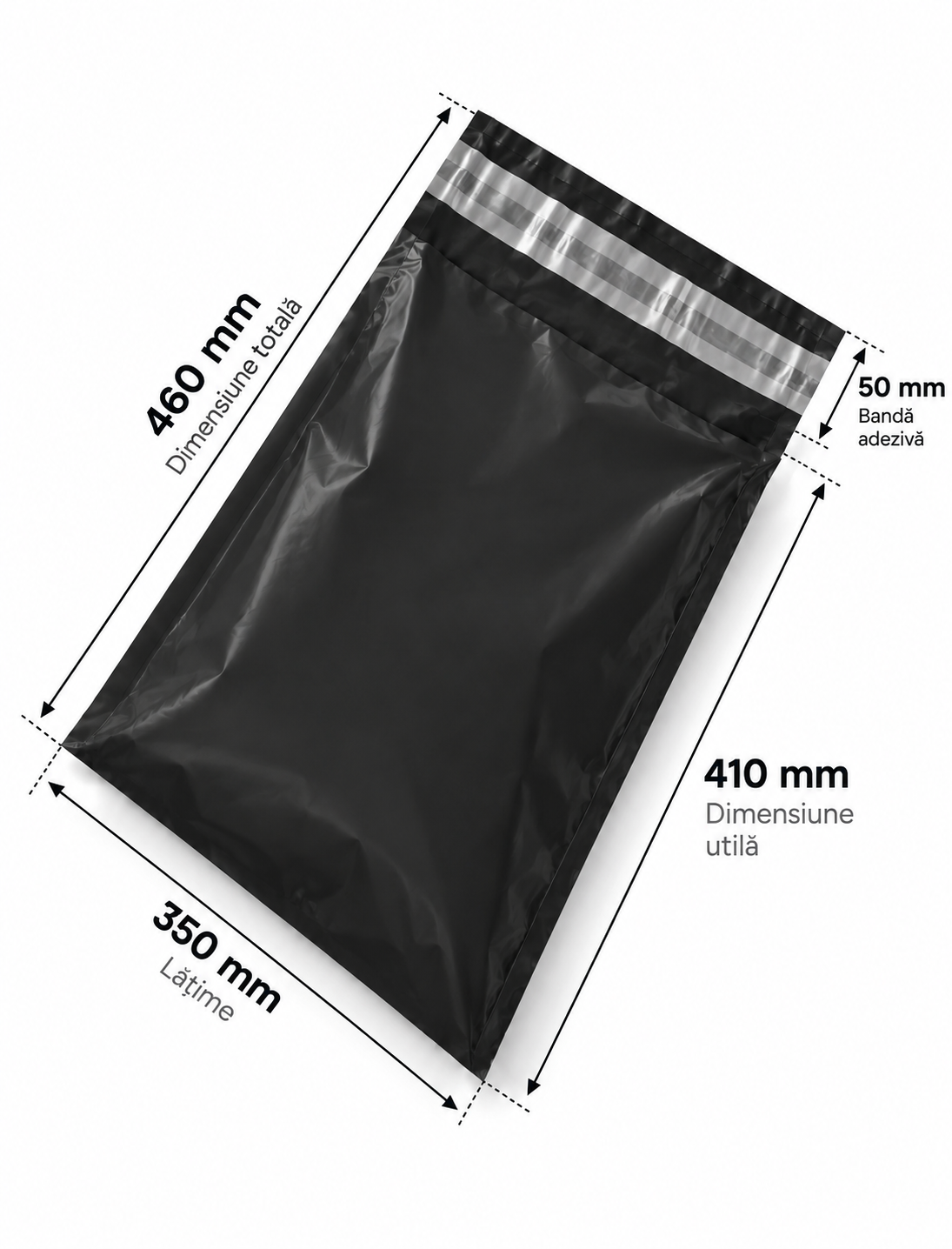 Set 100 buc pungi curierat 350x460 mm, 60 µm, NEGRU, PE (polietilena), NEW