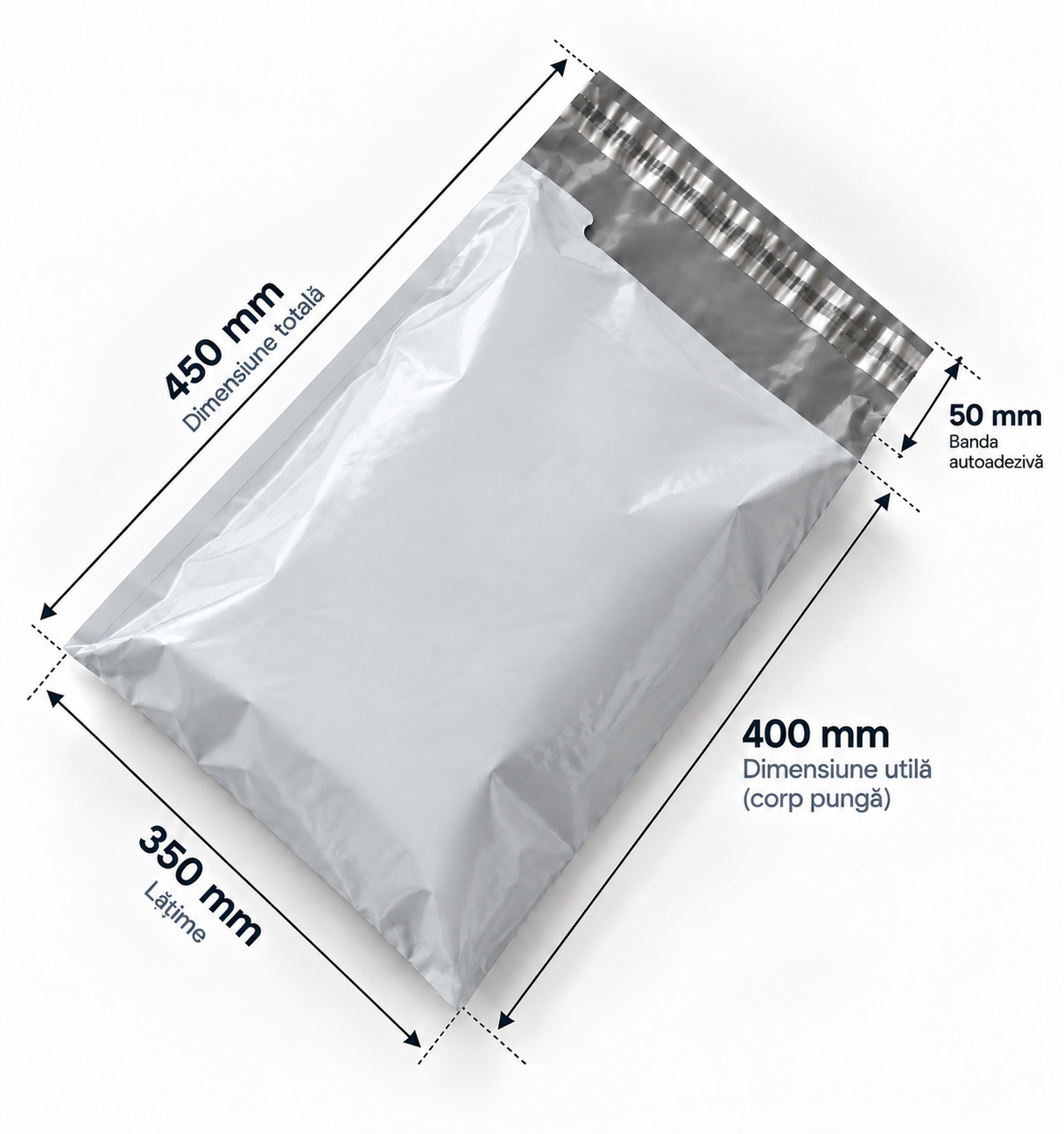 Set 100 buc pungi curierat 350x450 mm, 55 µm, gri-alb, PE (polietilena)