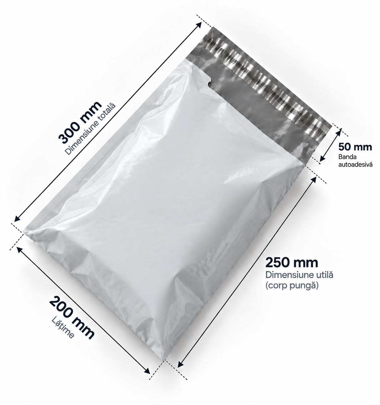 Set 100 buc pungi curierat 200x300 mm, 50 µm, gri-alb, PE (polietilena)