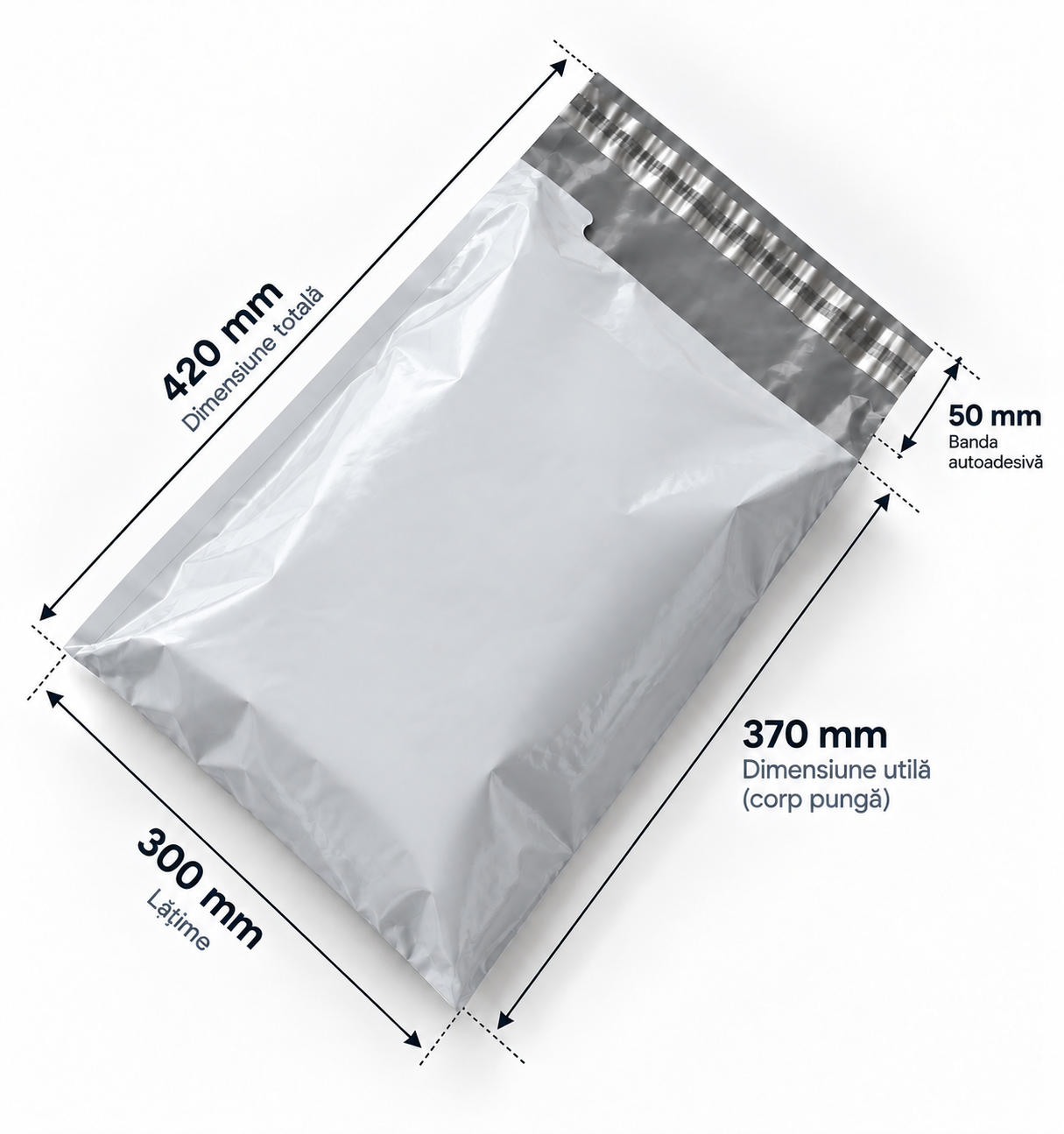 Set 100 buc pungi curierat 300x420 mm, 55 µm, gri-alb, PE (polietilena)