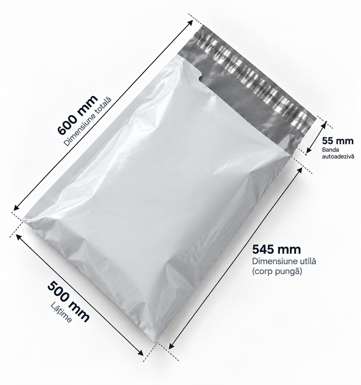 Set 100 buc pungi curierat 500x600 mm, 55 µm, alb-gri, PE (polietilena)