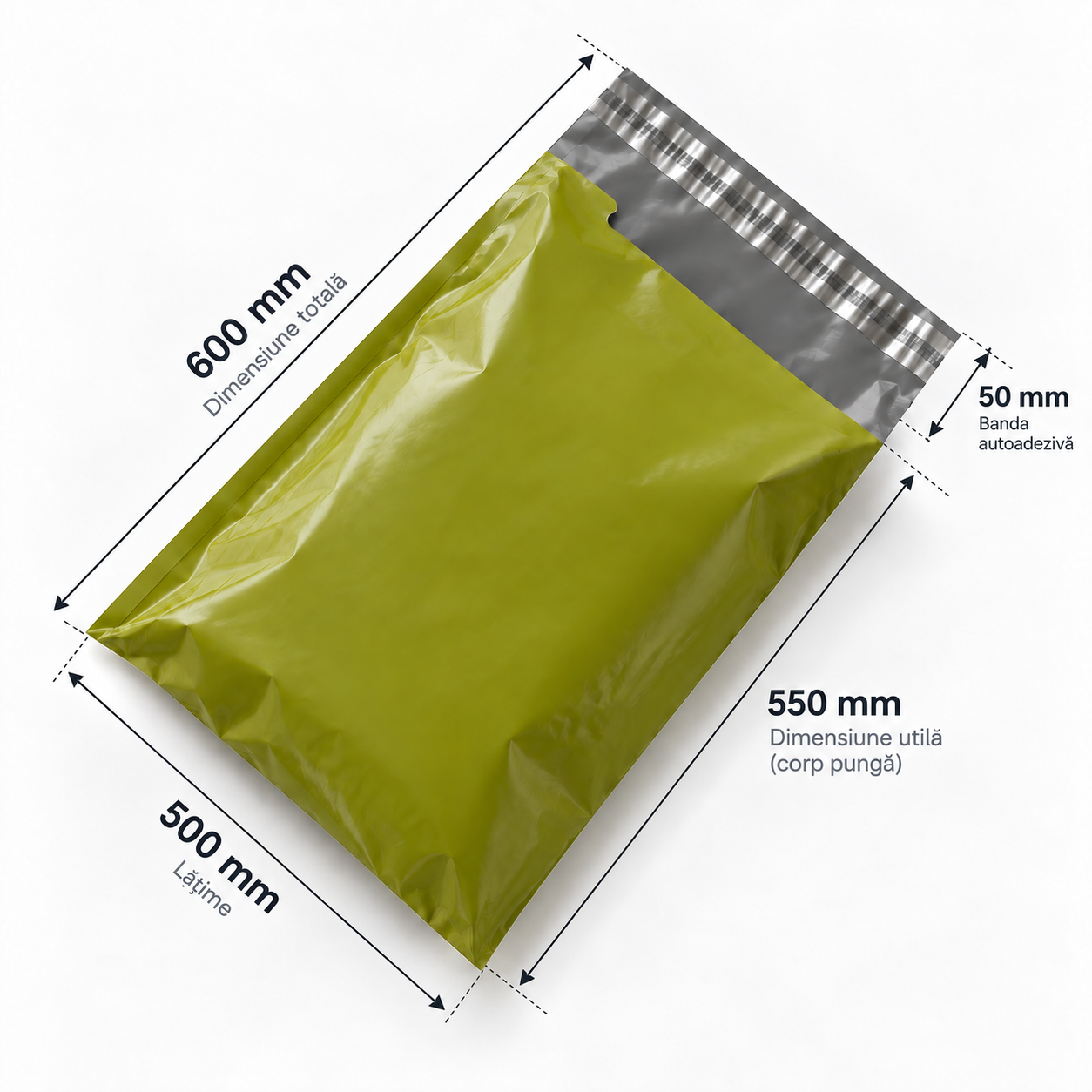 Set 100 buc pungi curierat 500x600 mm, 60 µm, verde/Fistic, PE (polietilena)