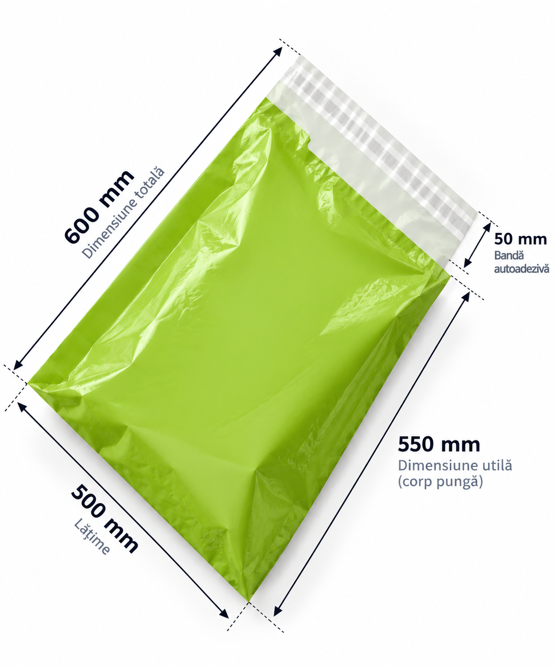 Set 100 buc pungi curierat 500x600 mm, 60 µm, verde, PE (polietilena), NEW