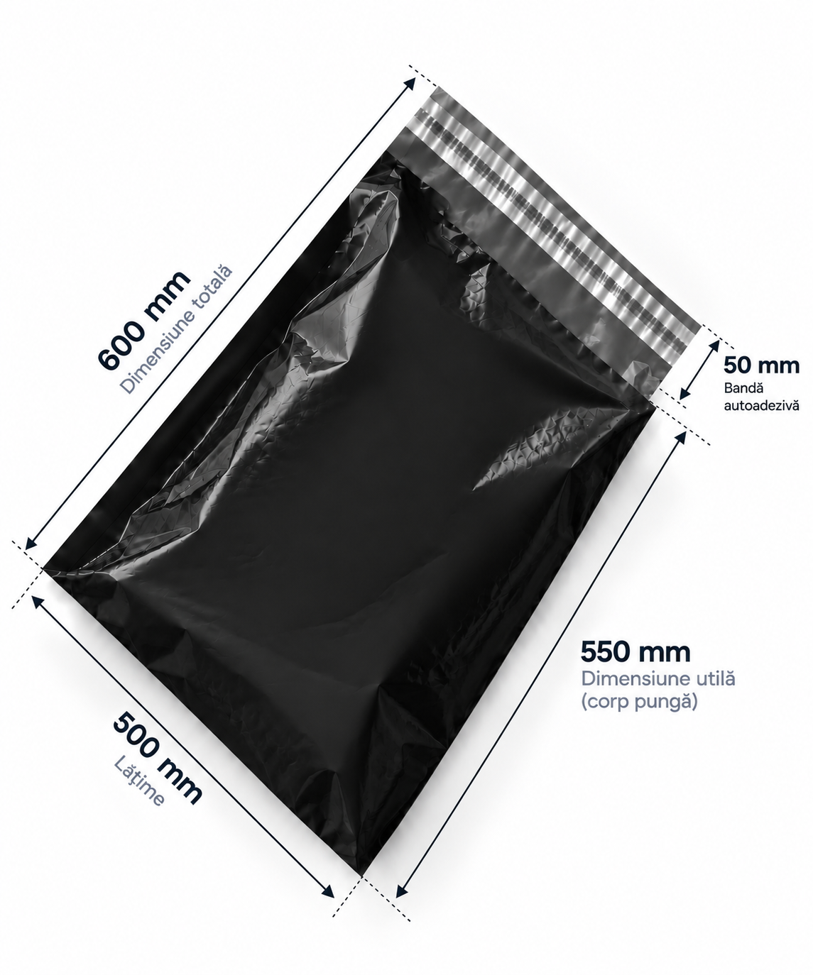 Set 100 buc pungi curierat 500x600 mm, 60 µm, NEGRU, PE (polietilena), NEW