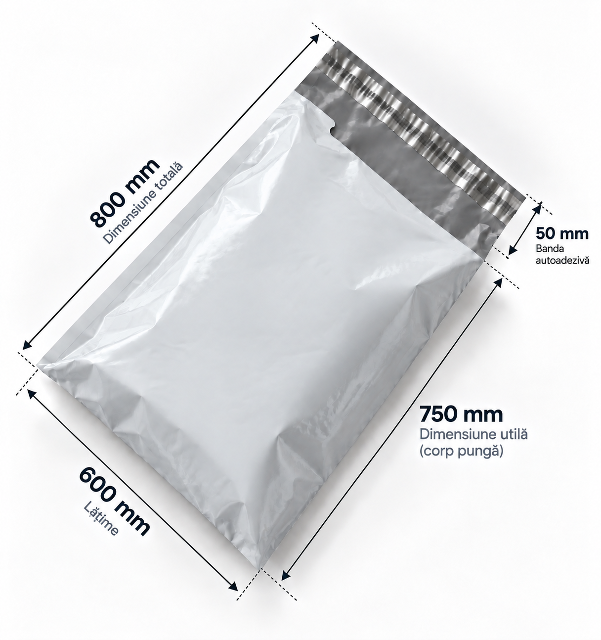 Set 100 buc pungi curierat 600x800 mm, 55 µm, alb-gri, PE (polietilena), NEW