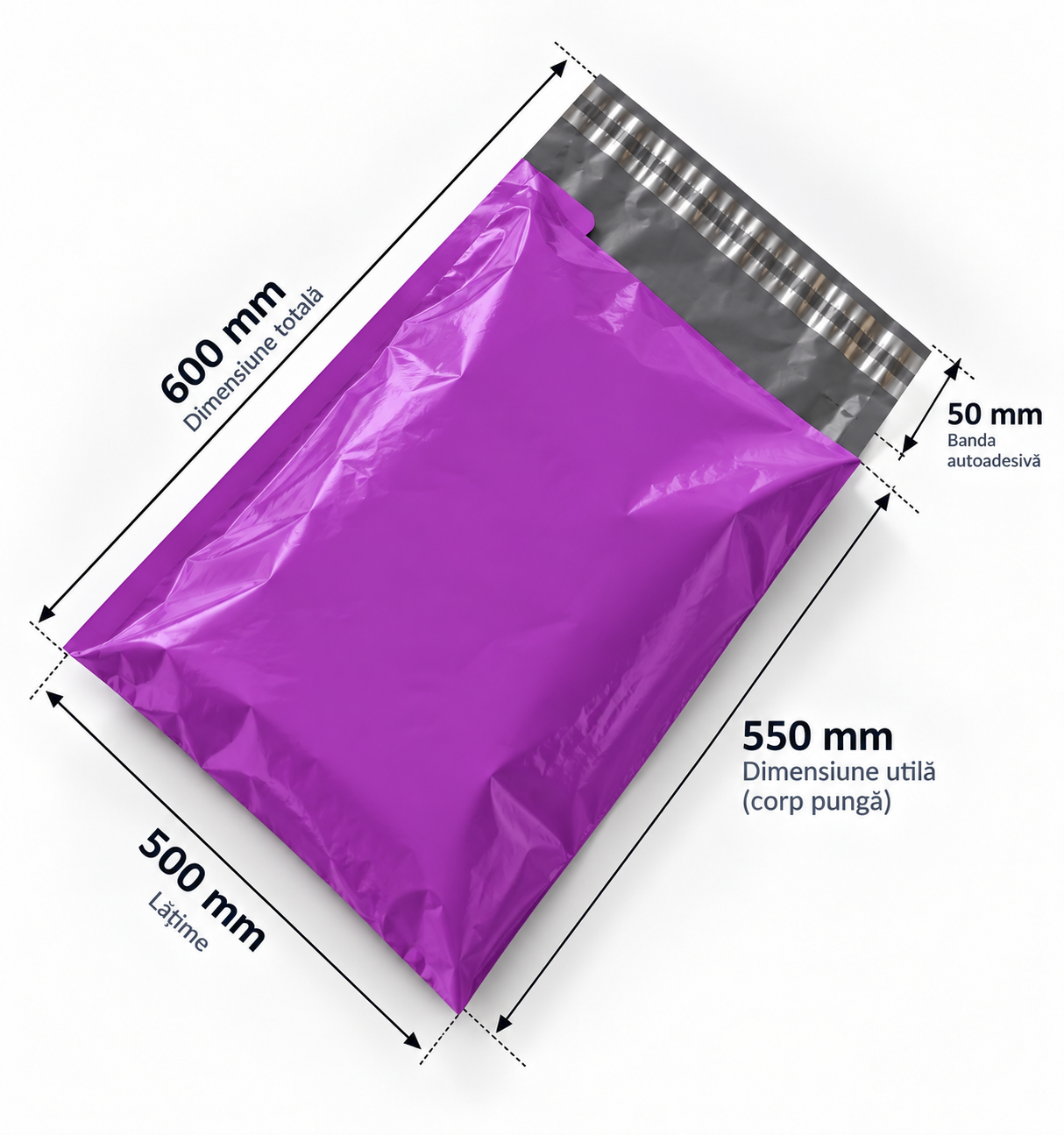 Set 50 buc pungi curierat 500x600 mm, 40 µm, Mov, PE (polietilena)